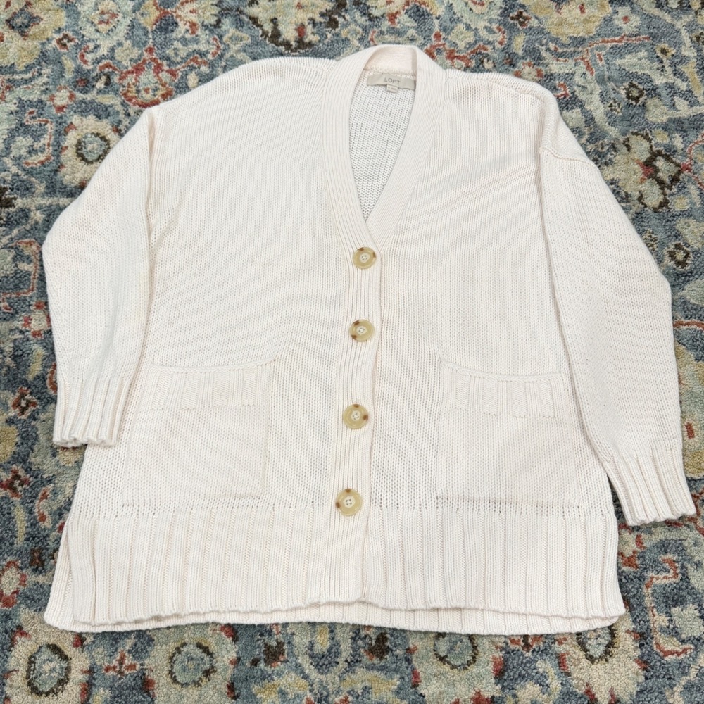 LOFT Cardigan Sweater Women M Cream Ribbed Knit Button Front Coastal EUC